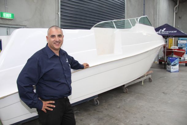 Haines Hunter MD John Haber displays a 760 prototype hull.